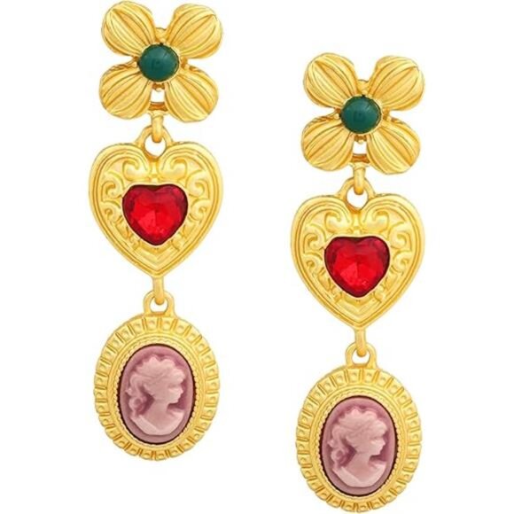 Colorful Byzantine-Inspired Dangle Earrings | Cameo Heart Flower Statement Drops - Picture 8 of 8